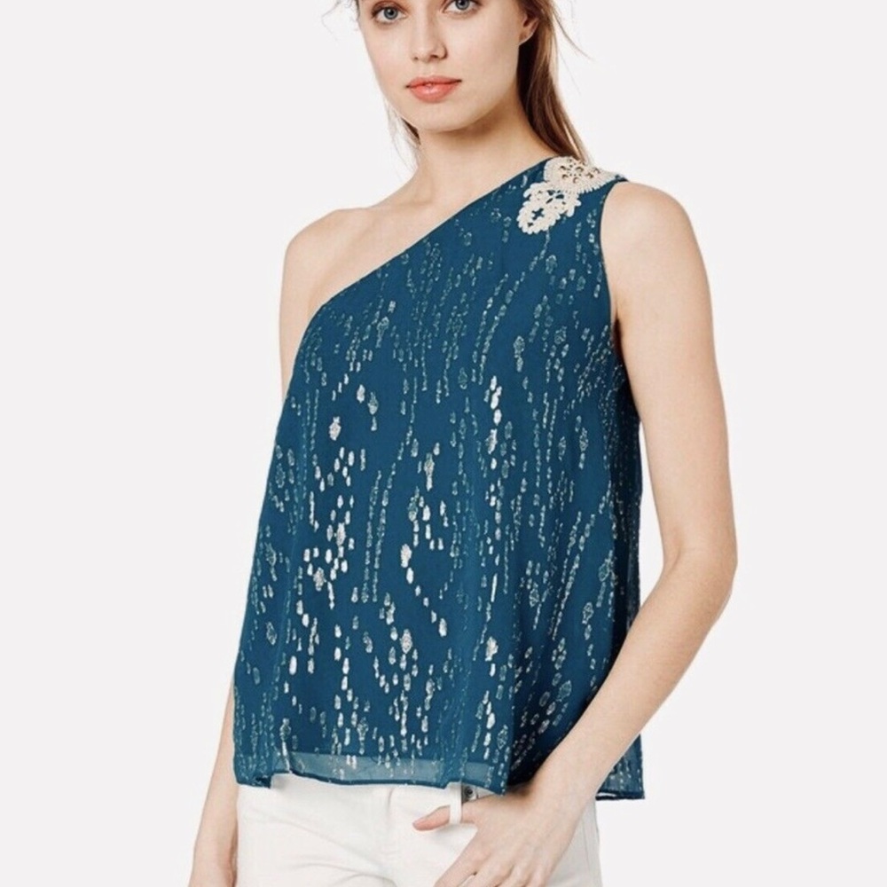 Lilly Pulitzer Silk Teal One-Shoulder Top Blouse